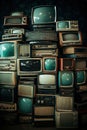 Pile old retro television vintage filter effect style in the room. Generative Ai Royalty Free Stock Photo