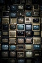 Pile old retro television vintage filter effect style in the room. Generative Ai Royalty Free Stock Photo