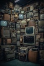 Pile old retro television vintage filter effect style in the room. Generative Ai Royalty Free Stock Photo