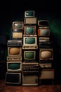 Pile old retro television vintage filter effect style in the room. Generative Ai Royalty Free Stock Photo