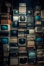 Pile old retro television vintage filter effect style in the room. Generative Ai Royalty Free Stock Photo