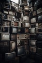 Pile old retro television vintage filter effect style in the room. Generative Ai Royalty Free Stock Photo
