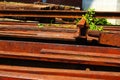 A pile of old rusted railway tracks