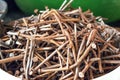 Pile of old rusty nails close up outdoors. Royalty Free Stock Photo