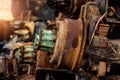 Pile of old rusty truck axle at second hand market shop. Used automotive part for sale. Old rear differential of truck. Truck rear Royalty Free Stock Photo