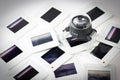Pile of old slide with the loupe Royalty Free Stock Photo