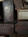 Vertical photo of vintage suitcases at close range Royalty Free Stock Photo