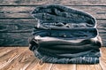 Pile of old things on wood desk Royalty Free Stock Photo