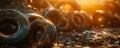 Pile of Old Tires in a Sunlit Junkyard with Rain Droplets and Bokeh Effect