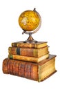 Pile of old used books with ancient globe isolated on white Royalty Free Stock Photo