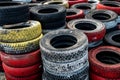 Pile Of Old Used Car And Bike Tyres Representing Hazardous Waste And Material For Recycling Rubber