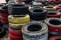 Pile Of Old Used Car And Bike Tyres Representing Hazardous Waste And Material For Recycling Rubber
