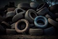Pile of old used car tires on a scrap yard for recycling. Generative AI Royalty Free Stock Photo