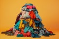 A pile of old used clothing and textiles. Fast fashion and clothing recycling