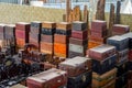 Pile of old vintage big wooden boxes stacked in a furniture store Royalty Free Stock Photo