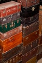 Pile of old vintage big wooden boxes stacked in a furniture store Royalty Free Stock Photo