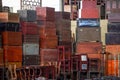 Pile of old vintage big wooden boxes stacked in a furniture store Royalty Free Stock Photo