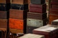 Pile of old vintage big wooden boxes stacked in a furniture store Royalty Free Stock Photo