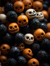 a pile of orange and black halloween candy skulls