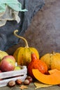 Pile of orange harvested pumpkins, dry leaves, apples, chestnuts on wooden table, retro toned Royalty Free Stock Photo