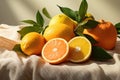 A pile of oranges is neatly arranged on a table, Close up of bright organic citrus fruits on a table, AI Generated Royalty Free Stock Photo