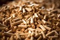 A pile of organic biofuel wooden pellets made from compacted sawdust. Generative AI