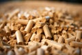 A pile of organic biofuel wooden pellets made from compacted sawdust. Generative AI