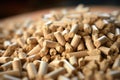 A pile of organic biofuel wooden pellets made from compacted sawdust. Generative AI