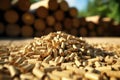 A pile of Organic biofuel wooden pellets made from compacted sawdust and by-product of woodworking operations on a background of Royalty Free Stock Photo