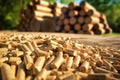 A pile of Organic biofuel wooden pellets made from compacted sawdust and by-product of woodworking operations on a background of