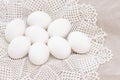 pile of organic white eggs of chicken healthy eating freshness on a brown bag and a white beautiful knitted napkin.