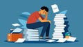 A pile of overdue bills and loan statements tower over a person representing the overwhelming weight of student loan Royalty Free Stock Photo