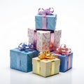 A pile of packages with gifts. Christmas presents. Gold, pink and blue colors. Royalty Free Stock Photo