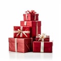 A pile of packages with gifts. Christmas presents. Red colors. Generative AI Royalty Free Stock Photo