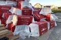 A pile of packages with mineral insulation Rockwool for a construction of a country house