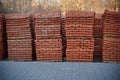 Pile of pallets with red bricks on city street. Building materials on construction site outdoor. Concept of constructing buildings