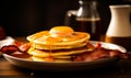 A pile of pancakes with fried egg and bacon. American typical breakfast. Close up. Generative AI Royalty Free Stock Photo