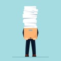 Pile of paper, busy businessman with stack of documents in carton, cardboard box. Paperwork. Bureaucracy concept. Stressed Royalty Free Stock Photo