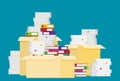 Pile of paper documents and file folders. Bureaucracy, paperwork, office. Vector illustration in flat style