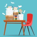 Pile of paper documents and file folders in carton boxes on office table. Royalty Free Stock Photo