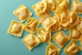 A pile of pasta on a blue background with some sprinkled cheese, AI