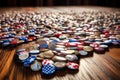 a pile of patriotic buttons on a wooden table. Generative AI