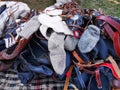 Pile of peasant sandals, wool socks and belts Royalty Free Stock Photo