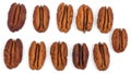 Pile Pecan nuts isolated on white background. Heap shelled Pecans nut close-up. Top view