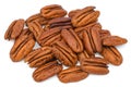 Pile Pecan nuts isolated on white background. Heap shelled Pecans nut closeup. Tasty raw organic food and healthy snack