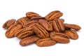 Pile Pecan nuts isolated on white background. Heap shelled Pecans nut closeup. Tasty raw organic food and healthy snack