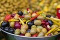 A pile of pickled olives from different varieties. Royalty Free Stock Photo