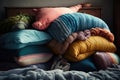 pile of pillows on bed, surrounded by colorful blankets