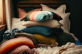 pile of pillows on bed, surrounded by colorful blankets