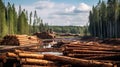 Pile of pine logs on meadow in forest. barbaric destruction, cutting down trees